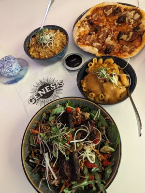 Vegan meat-feast pizza, mac and cheese, Redefine Meat salad at Genesis Plant Based Alchemy in North London