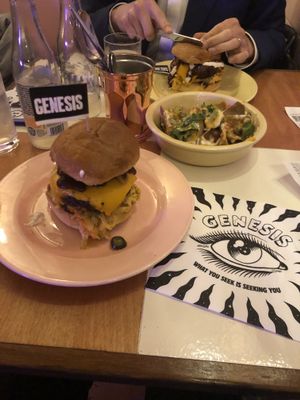 American woman burger and nachos! Yum  at Genesis Plant Based Alchemy in North London