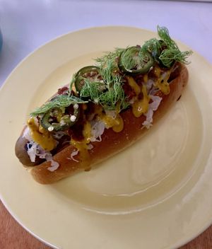 Reuben dog at Genesis Plant Based Alchemy in North London