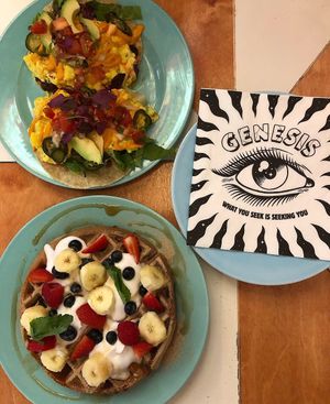 Huevos rancheros tacos and waffles  at Genesis Plant Based Alchemy in North London