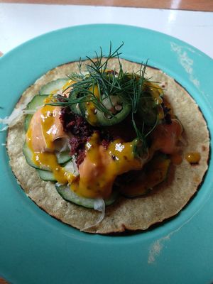 New York style 🌮 beautiful presentation and great flavors! at Genesis Plant Based Alchemy in North London