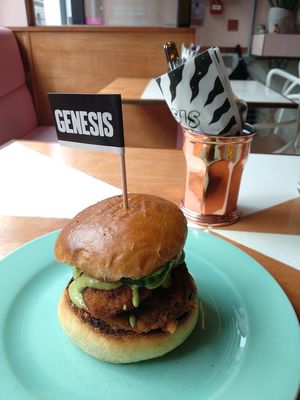 Panko eggplant and kimchi 'sandwich'. Delish! at Genesis Plant Based Alchemy in North London