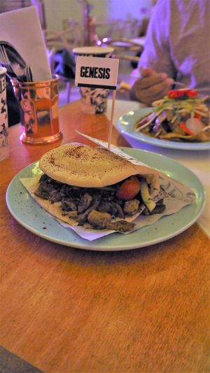 Shawarma [£9.50] – Seitan Doner, Persian Salad, Green Tahini Sauce, Pickles, Garlic Sauce & Chili Sauce in Pita at Genesis Plant Based Alchemy in North London