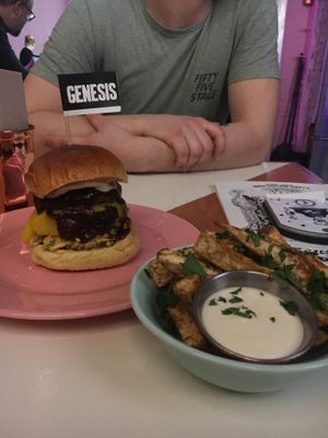 Burger and fries at Genesis Plant Based Alchemy in North London