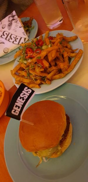 Korean kimchi sandwich and kimchi fries at Genesis Plant Based Alchemy in North London