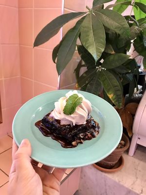 Brownie with coconut ice cream  💕🍦 at Genesis Plant Based Alchemy in North London