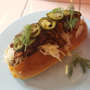 Ruben hot dog at Genesis Plant Based Alchemy in North London