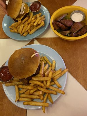 Genesis burger, American woman burger and aubergine fritters at Genesis Plant Based Alchemy in North London