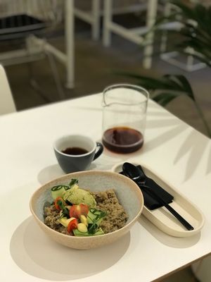 Vegan buckwheat porridge with filter coffee at Stars Coffee in Riga