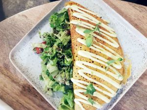 Vegan omelet with juicy filling, including vegan cheese. at Stars Coffee in Riga