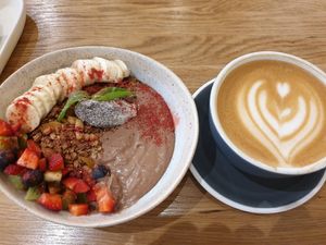 Chocolate and peanut bowl + oat cappuccino at Stars Coffee in Riga