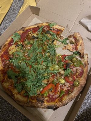 BYO pizza with vegan cheese, all the veggies and lots of red pepper seasoning  at Blaze Pizza - Woodlake Square in Houston