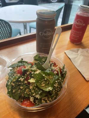 Salad, coffee, and juice  at Choice Superfood Bar & Juicery - Little Italy in San Diego