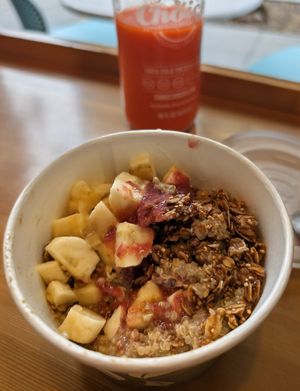 Buddha breakfast bowl, has warm quinoa topped with granola & bananas. Very tasty at Choice Superfood Bar & Juicery - Little Italy in San Diego