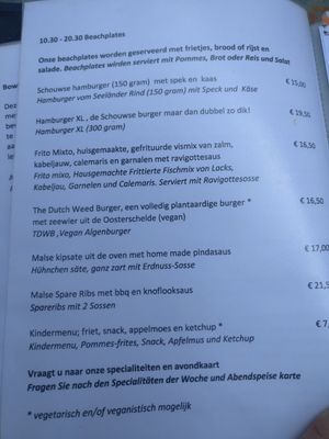 Menu at Basic Beach Bar De Branding in Renesse