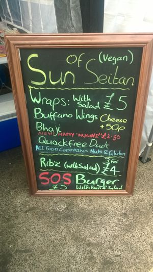 Menu board at Sun of Seitan in Newcastle Upon Tyne