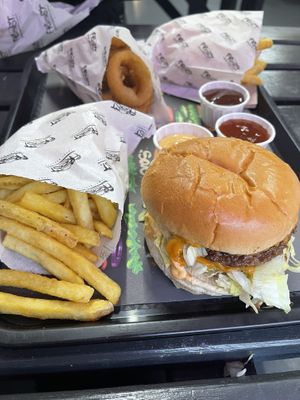Scorpion burger, fries and onion rings  at Frost Burgers in Liverpool