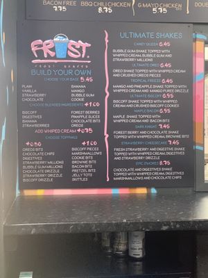 Milkshake menu   at Frost Burgers in Liverpool