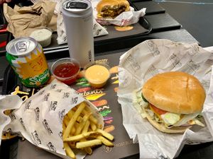 Chicken free burger and fries at Frost Burgers in Liverpool