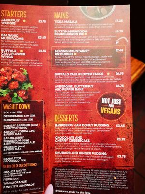 Vegan menu at Red Lion in Newburgh