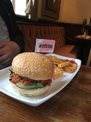 Delicious double burger with lentil chilli  at Red Lion in Newburgh