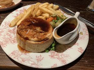 Delicious ale pie and a side of onion rings, all vegan, all yummy! at Red Lion in Newburgh