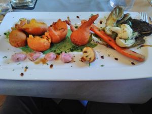 Main dish (Pumkin croustillon, spinach sauce, mushrooms, cabbage leaf, sweet potato)  at Au Goût du Jour in Eupen