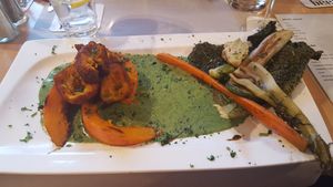 Autumn 18. Main dish of pumpkin slices and veggies at Au Goût du Jour in Eupen