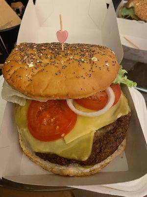 Classic Burger (with adorable pick)  at American Dream Diner in Geneva