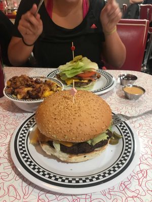 Vegan mexican burger and vegan chili cheese fries at American Dream Diner in Geneva