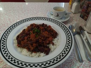 Vegan chili with rice at American Dream Diner in Geneva