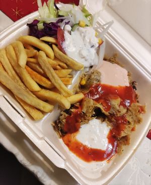 Dönerteller II mit veganem Dönerfleisch aus Seitan, Salat, Pommes und drei veganen Saucen at Paki Doner Pizza in Hamm