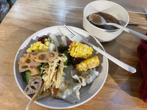 Some items from salad bar, lotus root and bamboo shoots, steamed dumplings, mushroom soupp  at Everyday in Hong Kong Island