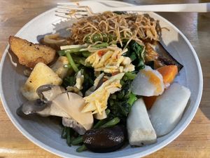 Salt and pepper tofu, mixed mushroom, green veg, other veg, stir fried noodles  at Everyday in Hong Kong Island