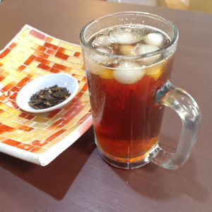 Iced Jasmine Tea in a big glass made from brewed loose leaf tea. at Ayo Vegan - Peliatan in Ubud