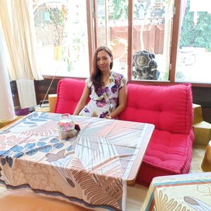 Relaxing on one of our comfy cushions at Ayo Vegan - Peliatan in Ubud