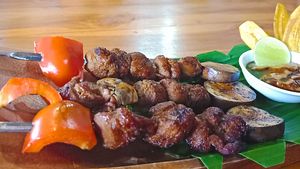 Naked Satay - Three soy protein satays usually with mushrooms and pineapple and GF sauce. The Killer Satay entree is served with four skewers and rice for a completely vegan meal.  at Ayo Vegan - Peliatan in Ubud