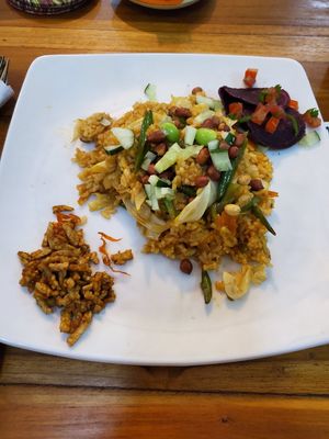 Nasi goreng. The crunchy tempeh on the side was incredible at Ayo Vegan - Peliatan in Ubud