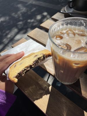 Chocolate chips cookie and iced latte with soya milk, really good!  at Furna in Sofia