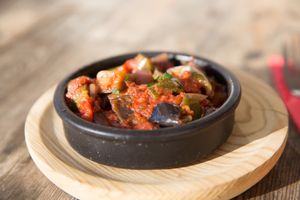 PISTO (Aubergine, courgettes, 3 colours of peppers and onions, slow cooked in tomato sauce)
 at Capitan Veggie in East London