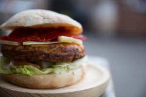 Basque Country Burger! Traditional plain omelette made from free range eggs, potatoes and onions sourced from local farmers, all served inside fresh, crusty ciabatta bread with lettuce, tomato, gherkins, Spanish red peppers, Idiazabal cheese and delicious house sauces (salsa brava and/or diary aioli) at Capitan Veggie in East London