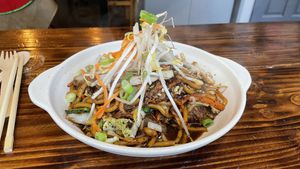 #14 udon noodles with black bean sauce and seitan  at Malay Kitchen in Kinsale