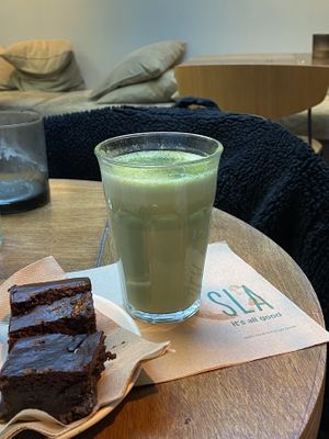 tahini brownie and matcha latte  at SLA - Haarlemmerdijk in Amsterdam