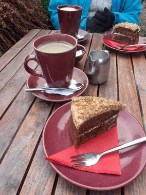 Americano with oat milk and coffee&walnut cake at The Watermill Cafe in Aberfeldy
