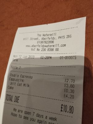 Bill at The Watermill Cafe in Aberfeldy