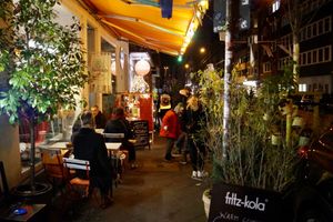 Outside vegan waffel stand during winter time.   at Pure Note in Dusseldorf