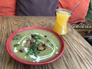 Potato and leek soup with orange and ginger lemonade  at Pure Note in Dusseldorf