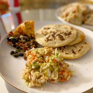 Vegan papusas, vegan quesadilla, and vegan horchata at Mami Cheli's in Menlo Park