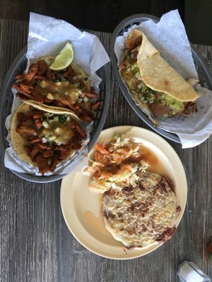 Vegan tacos, vegan quesadilla, and vegan pupusa. All were really good, but the quesadilla was AMAZING! at Mami Cheli's in Menlo Park