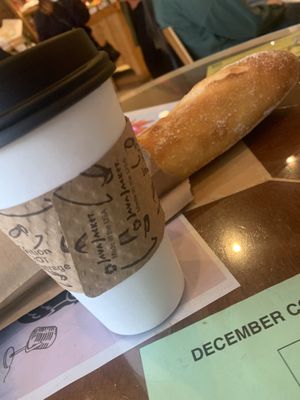 Oat milk hot chocolate and a baguette   at Essencia Artisan Bakery in Yakima